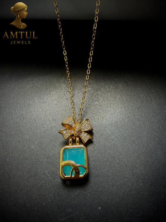 ✨ Luxury Aqua Elegance Bow Pendant Necklace – Gold Plated