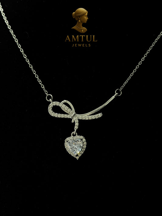 💎 Amtul Silver Blue Heart Bow Necklace 💎